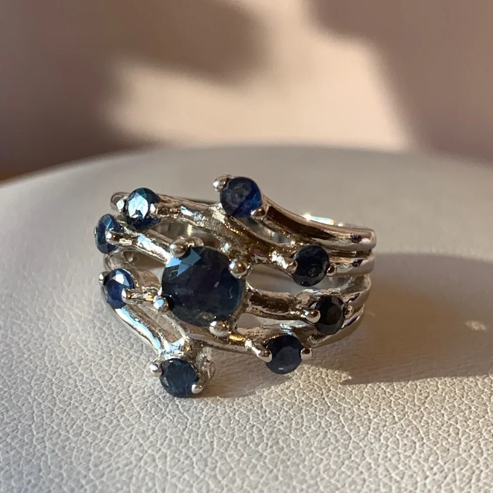 GENUINE BLUE SAPPHIRE 925 STERLING SILVER WIDE BAND RING